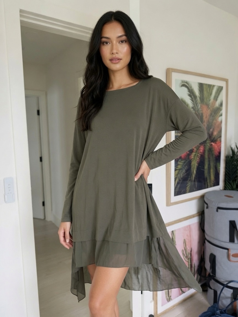 Eileen Fisher Green Layered 100% Silk Tunic Top in Olive M